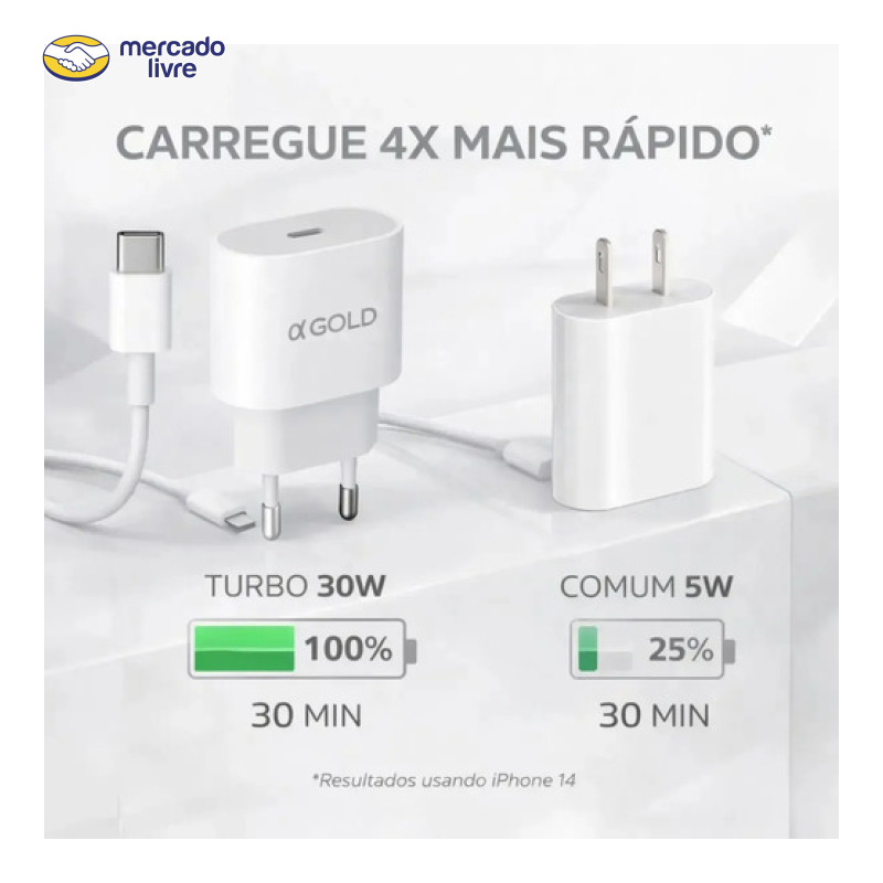 Carregador Turbo 30w Para Iphone 8 X Xr 11 12 13 14 Pro Max Com Cabo 1 Mt Carga Rapida