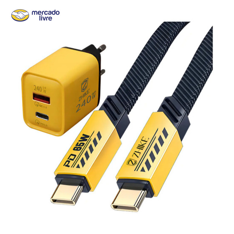 Cabo Tipo C 65W 6A Turbo Nylon Trançado 1,5m + Carregador GaN USB-C+USB-A Universal ZHIKE Carga Rápida