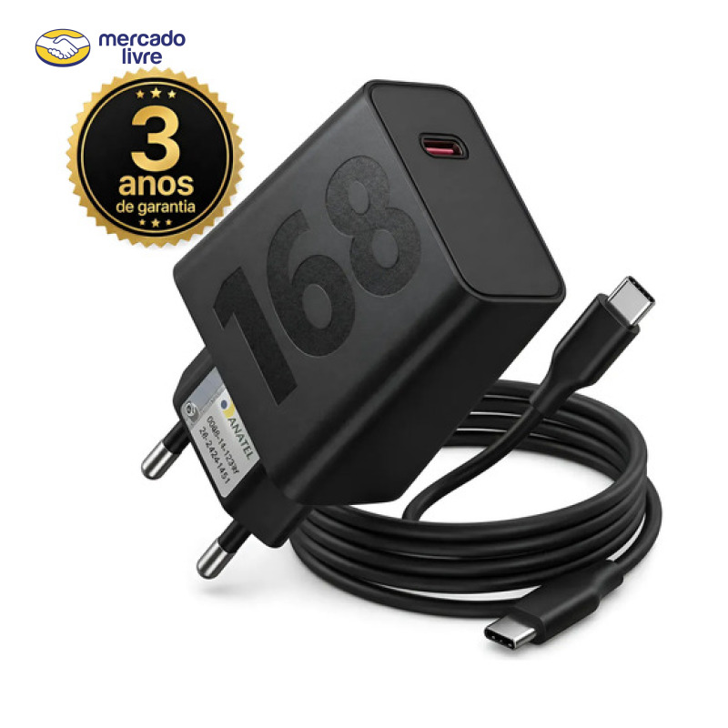 Carregador Turbo 168w Usb-c Compativel Motorola Xiaomi Apple Preto