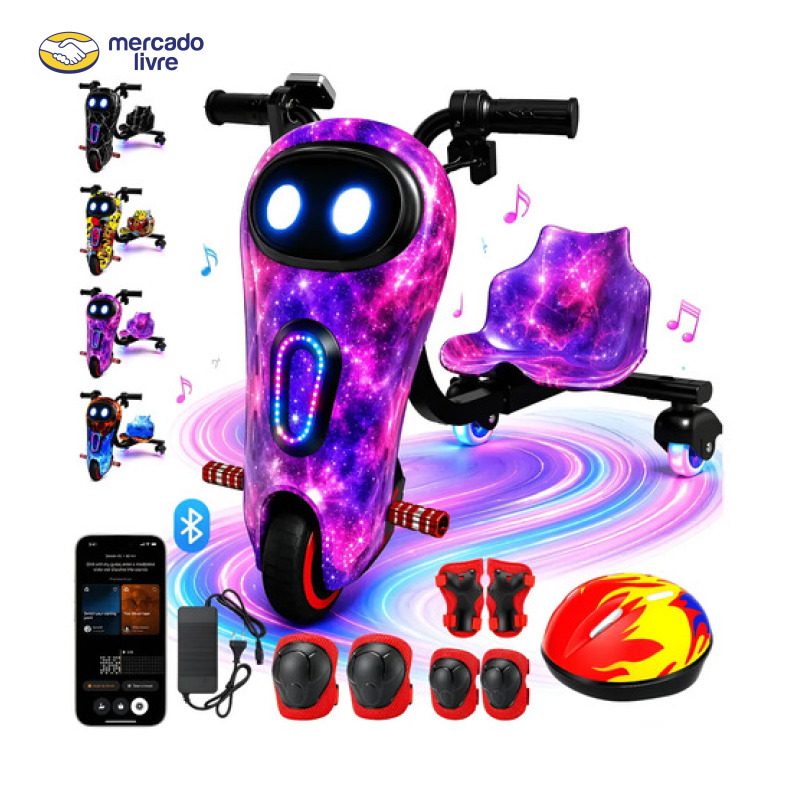 Patinete Triciclo Elétrico Drift Infantil C/ Led Y Bluetooth Roxo