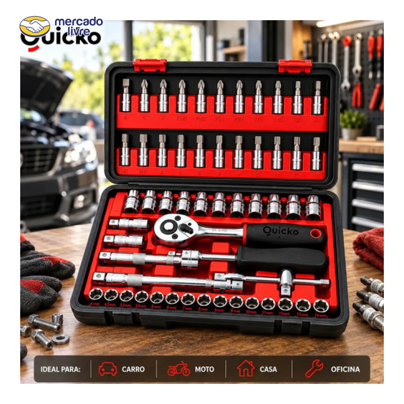 Kit Ferramentas 46 Peças Jogo Chaves Catraca Soquetes Allen Torx Fenda Phillips Maleta Completa Manual Mecânico Manutenção Casa Carro Oficina Profissional ajustes e reparos diversos montagens Quicko