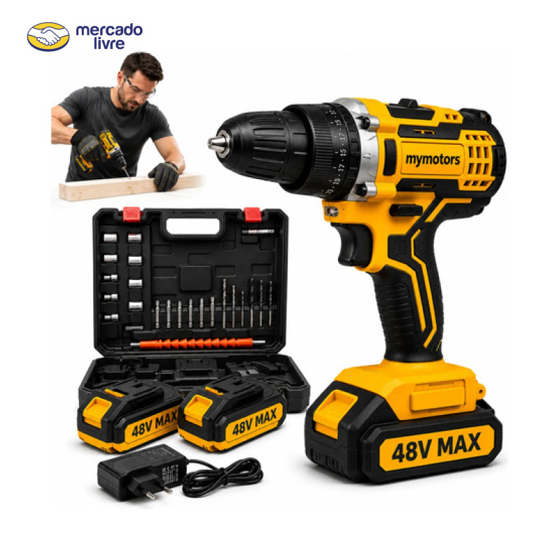 Parafusadeira Furadeira 48v Profissional 2 Baterias Sem Fio Amarelo 127/220v 60 Hz
