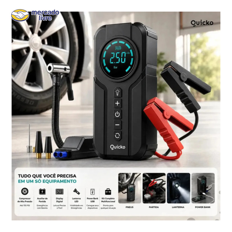 Bomba De Ar Elétrica Portátil Compressor Calibrador De Pneus Digital Para Carro Moto Bicicleta Inflador Recarregável Auxiliar De Partida Bateria Power Bank Celular Emergência Automotiva Quicko
