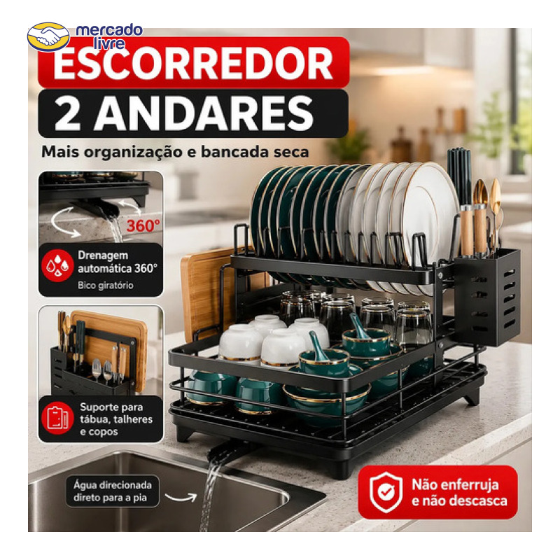 Escorredor De Louça Inoxidável 2 Andares Drenagem Automática Bandeja Grande 360o Organizador Pia Com Porta Talheres Tigelas Pratos VYROX
