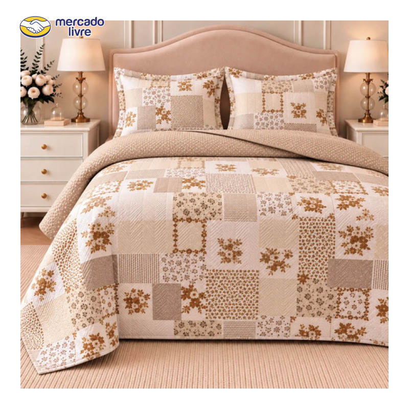 Kit Colcha Queen 3 Peças Cobre Leito Estampado Dupla Face