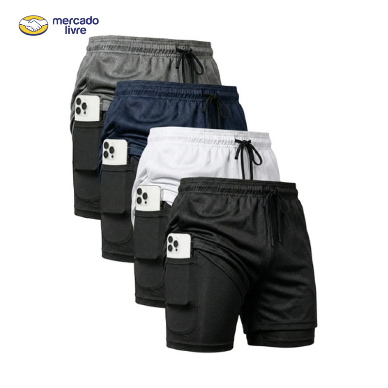 Kit 4 Shorts 2 Em 1 Duplo Dryfit Masculino Compressão Térmic