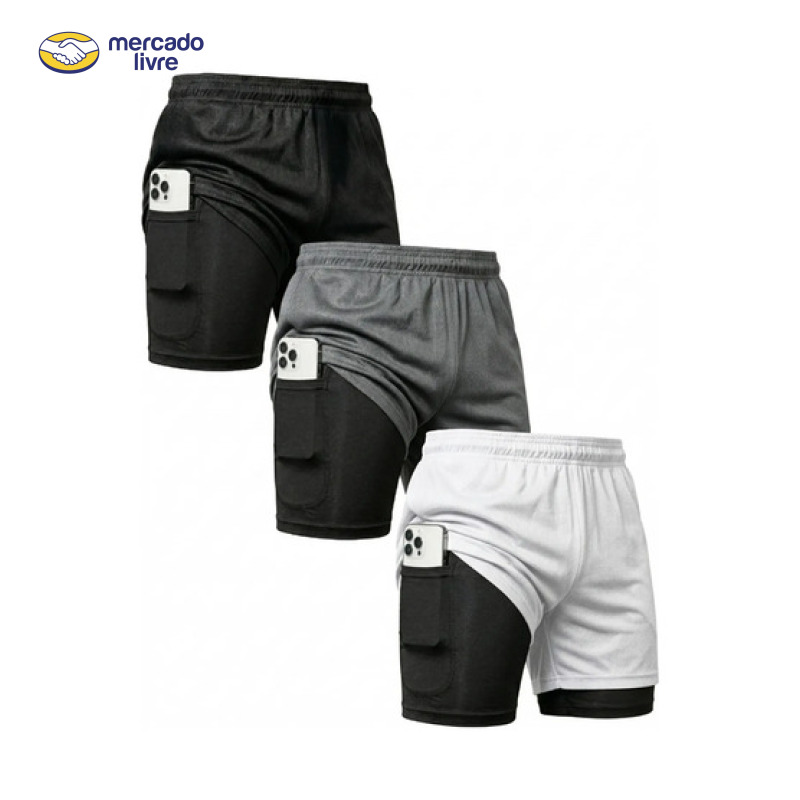 Kit 3 Shorts 2 Em 1 Duplo Bolso Para Academia Treino Corrida