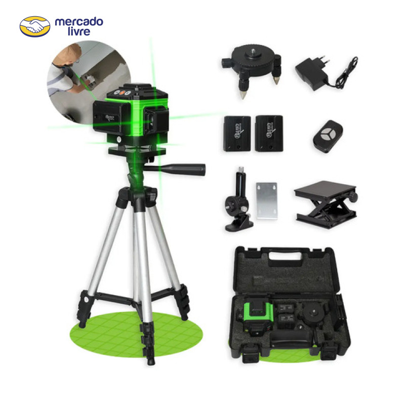 Kit Nível A Laser Verde 12 Linhas Esquadro + Suporte + Tripé Recarregavel Profissional Prumo Autonivelante Nano Bateria