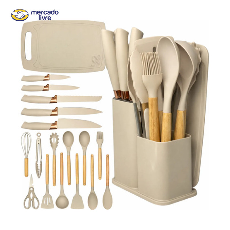 Kit Utensílios Silicone C/ Cabo De Madeira E Facas Em Inox