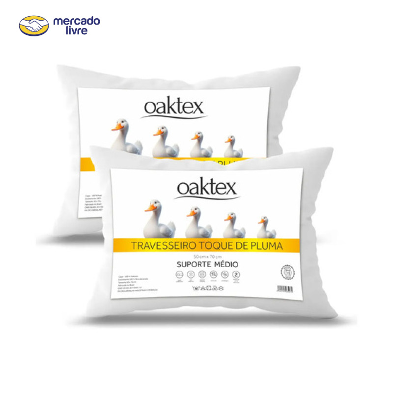 Kit 2 Travesseiros 70x50 Antialérgico Lavável Fibra Siliconada Toque de Pluma de Ganso Oaktex Cor Branco