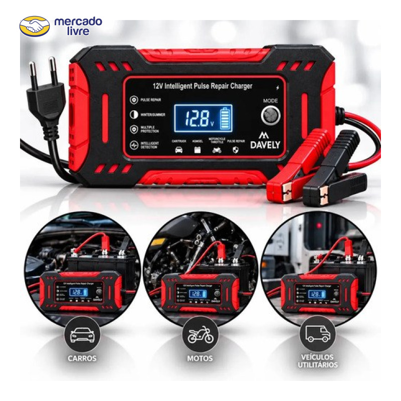 Carregador de Bateria 12V 6A Bivolt Inteligente Carro Moto Caminhão Automotivo 4Ah a 100Ah Com Função Reparo Display Digital Proteção Carga Emergencia Portátil Resistente Eficiente Multifuncional