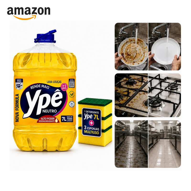Anúncio patrocinado – Ypê Detergente Neutro Lava-Louças 7L + 3 Esponjas Multiuso | Alto Poder Desengordurante, Esponja Dup...