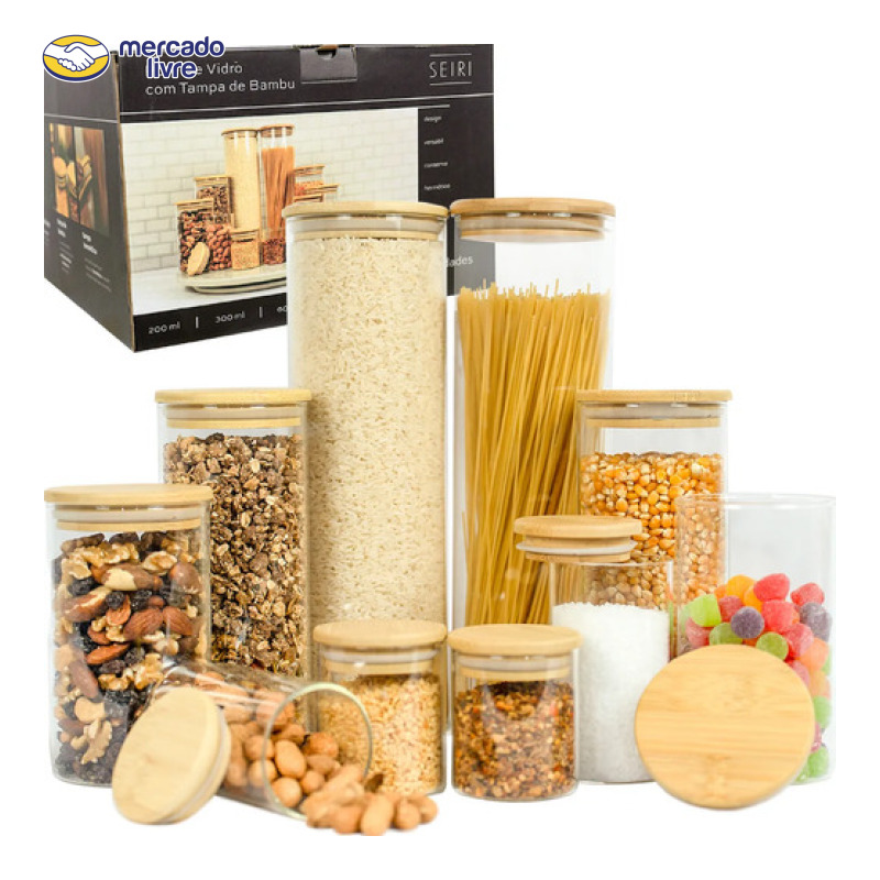 Kit 10 Potes Herméticos Vidro Tampa Bambu Seiri Para Mantimentos Cozinha