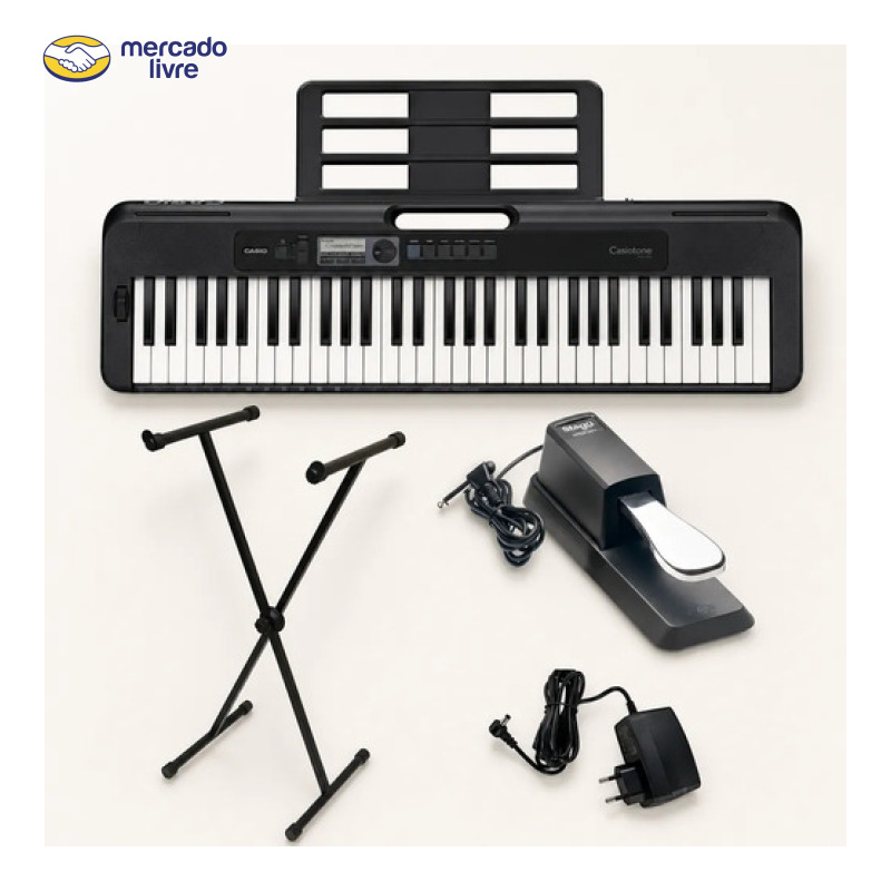 Teclado Casio Cts300 Iniciante Kit Suporte Pedal Fonte Leve 127/220v Preto