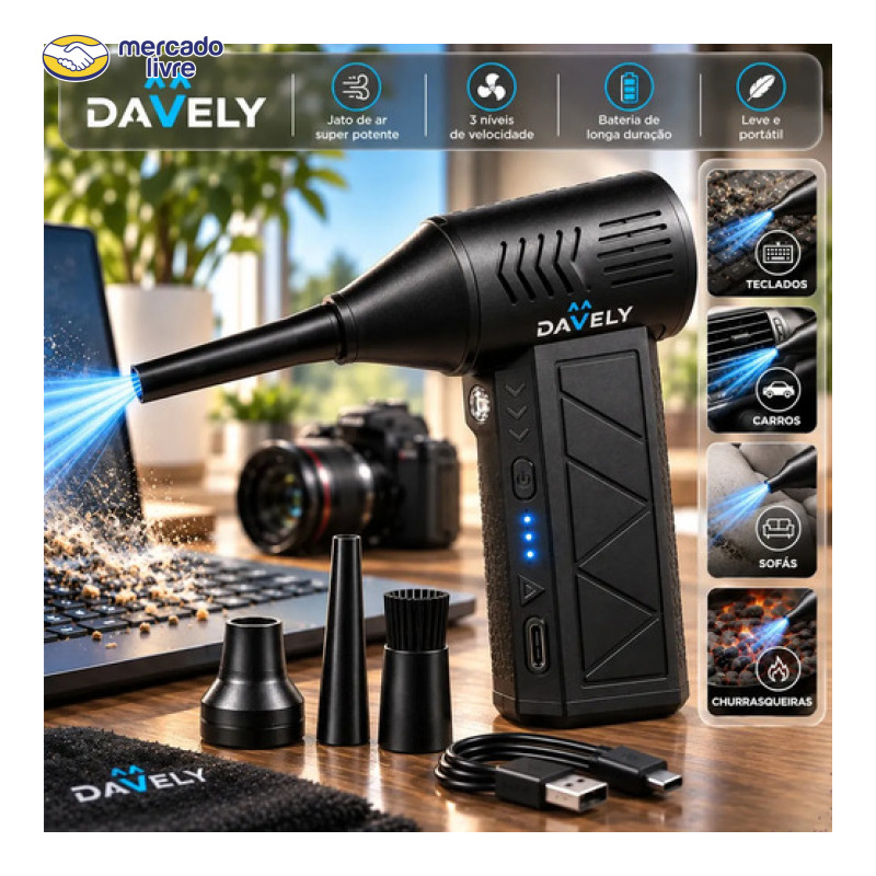 Mini Ventilador Soprador Ar Potente Turbo 130000rpm Assoprador Elétrico Sem Fio Recarregável USB-C 3 Níveis Jato Forte Portátil Multiuso Limpeza Teclado Carro Acende Churrasqueira Davely
