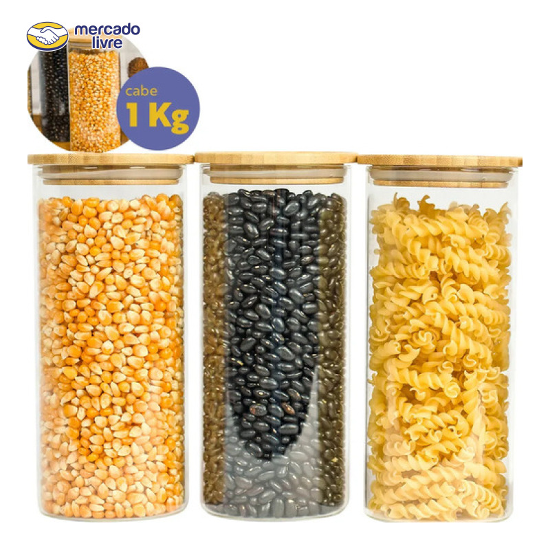 Kit 3 Pote Vidro Hermético Tampa De Bambu 1400ml Cozinha Seiri Transparente Alimentos Mantimentos
