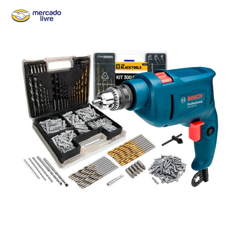 Furadeira de Impacto Bosch 450W 10mm GSB 450 RE com Jogo de Brocas Bits 300 Peças