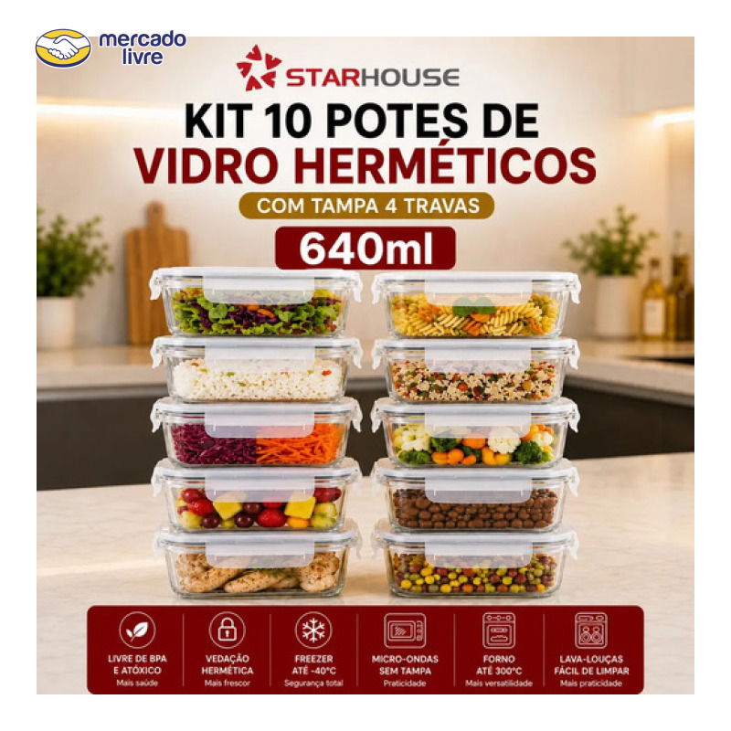 Kit 10 Potes Herméticos Vidro 640ml Starhouse Marmita Forno Micro-ondas Airfryer com 4 travas de super vedação