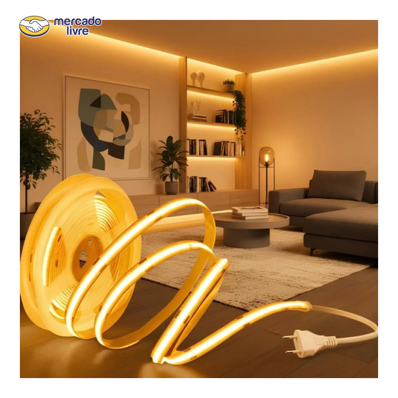 Fita Led Cob 10 Metros Direto Na Rede 150w/ 320led Perfil Branco Quente 110v