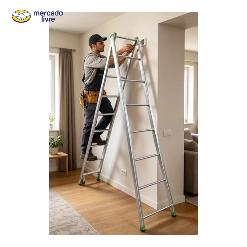 Escada Extensiva  7 Degraus Reforçada Ferro Galvanizado Prata