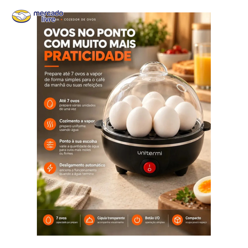 Cozedor de Ovos Elétrico Portátil a Vapor para até 7 Ovos com Desligamento Automático ViaCruz
