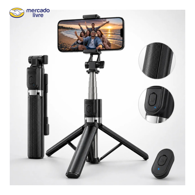 Tripé / Bastão Para Celular Portátil Até 1,70 M Com Controle Preto