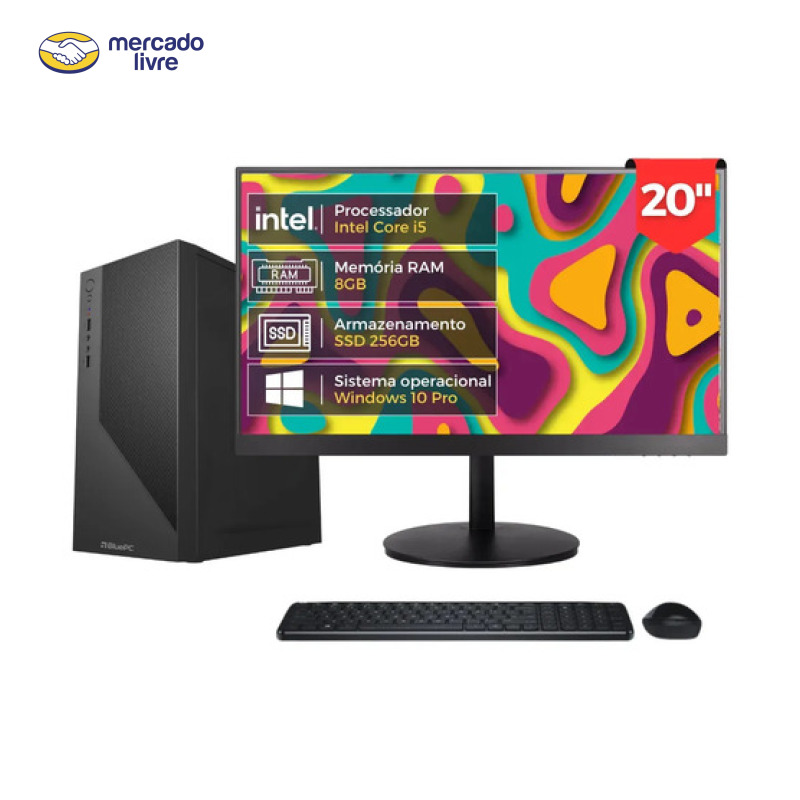 Computador Completo Fast Intel Core i5, 8GB RAM, SSD 256GB, Windows 10 Pro, Bivolt, Preto, Monitor 20" LED, Mouse e Teclado - BluePC CD2E-0110FA