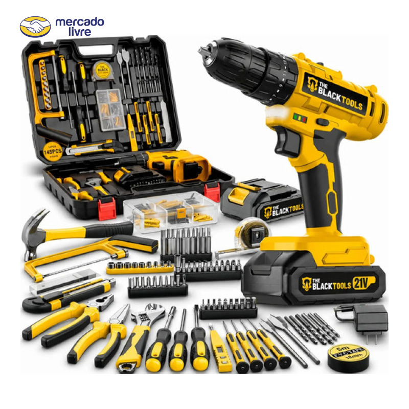 Parafusadeira Furadeira De Impacto The Black Tools Profissional Bateria 21V C/ Maleta + Kit Acessórios 145 Peças TBKIT23