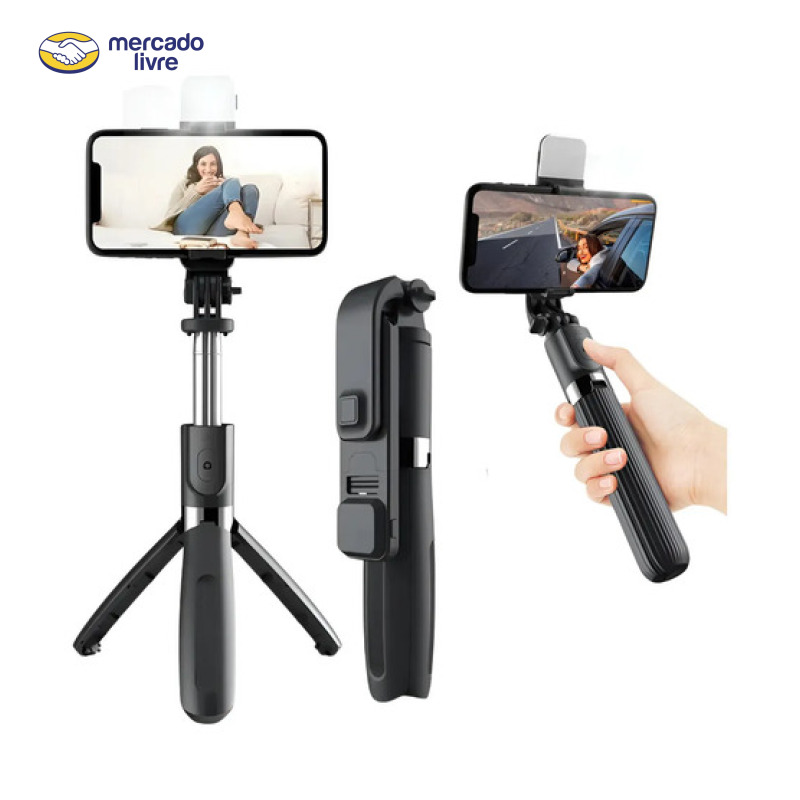 Tripé Celular Bastão Pau De Selfie Bluetooth Mesa Led 3 Em 1 Preto