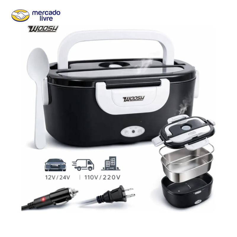 Marmita Elétrica Preta Bivolt Portátil Doméstica 110/220v Veicular 12/24v Lancheira 1.5l Com Divisórias Esquenta Rápido Refeições Práticas Trabalho Casa Carro Caminhão Viagem Faculdade Woosh