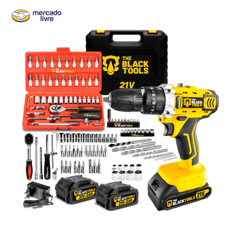 Furadeira Parafusadeira De Impacto 2 Baterias 21v + 46 Peças Amarelo 110v/220v 60hz