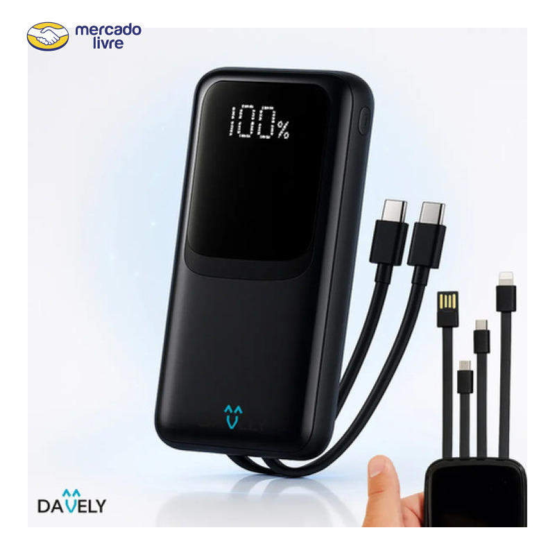 Power Bank 20.000mAh 22.5W Carga Rápida Com Display Digital Carregador Portátil Carga Rápida Premium Compatível Com Todos Os Celulares Iphone Android IOS apple xiaomi LG Samsung Motorola -Marca Davely