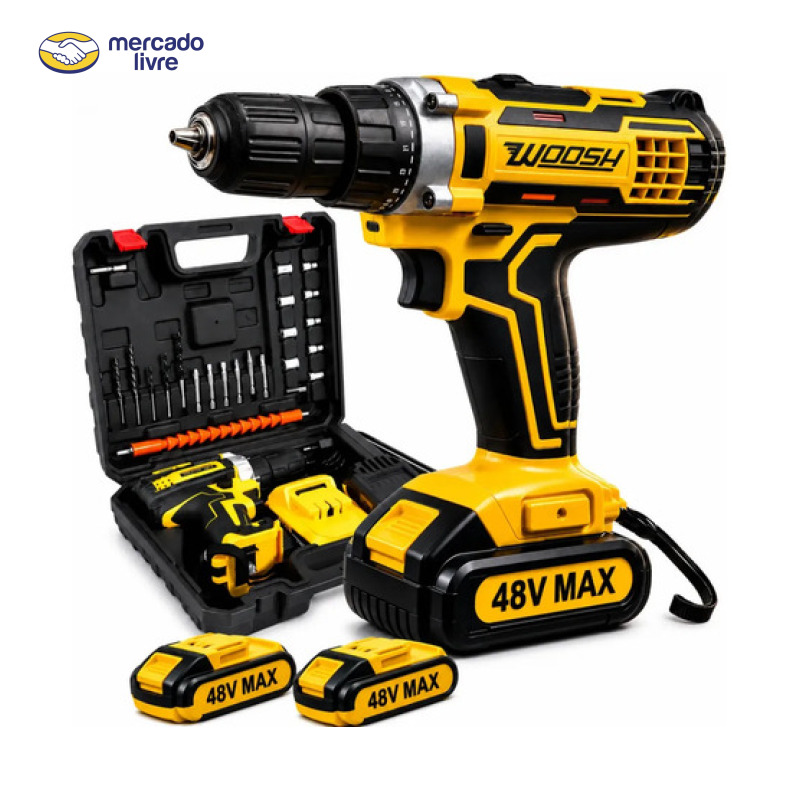 Parafusadeira Furadeira Impacto Sem Fio 2 Baterias Recarregável 48v Bivolt Velocidade Ajustavel Com Travas Mandril Resistente Woosh