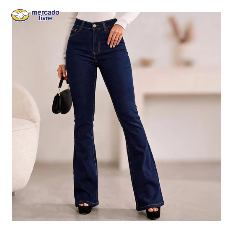 Calça Jeans Flare Feminina Cintura Alta Com Elastano